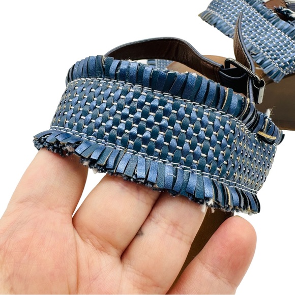 Vintage Fringe Woven Ankle Strap Open Toe Platform Wedge Sandal Navy Brown 8 - Picture 9 of 13